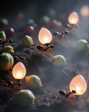Un monde miniature de fourmis, lanterne et v&eacute;g&eacute;tation
