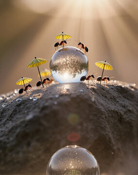 Un monde miniature de fourmis, lanterne et v&eacute;g&eacute;tation
