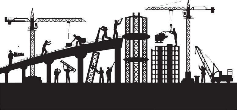 Construction site silhouette with workers, cranes and building structures