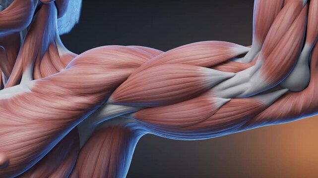 Detailed anatomical illustration of human arm muscles and tendons, showcasing the complex structure and strength of the upper limb.