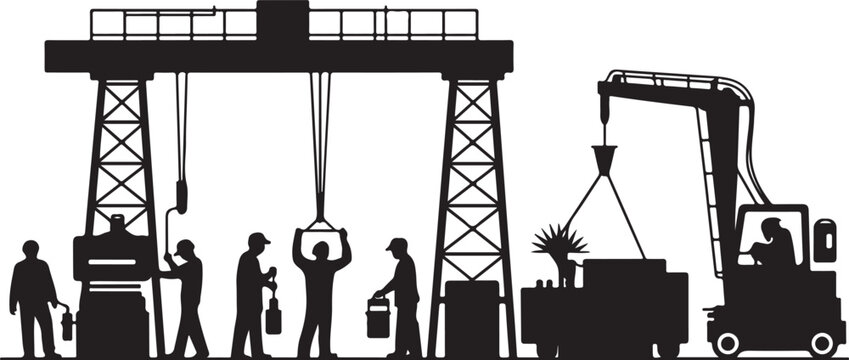 Silhouette of industrial workers and heavy machinery in a factory setting