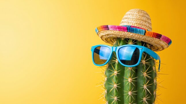 This vibrant studio photograph depicts a prickly desert cactus wearing a stylish straw sombrero and bright blue protective plastic sunglasses