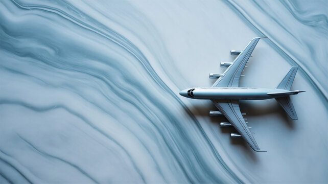 Airplane, silver aircraft, marble background, travel concept, transportation