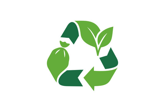 recycling icon with trash bag and plant leaves flat vector illustration, logo concept of recycle processing