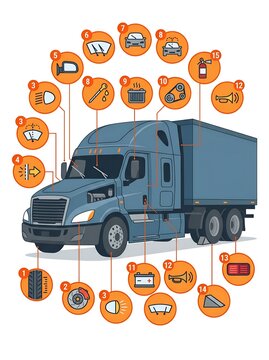 Flat Vector Truck Daily Pre-Trip Inspection 15-Point Checklist &ndash; Tires Brakes Lights Fluid Levels Safety Equipment Icons