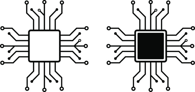 Central Processing Unit CPU Microchip Icon Set Featuring Outline and Solid Square Processor Hardware Designs with Circuit Board Nodes for High Tech Computer Technology LogosCentral Processing Unit CPU