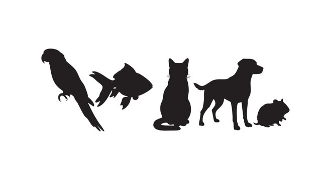Collection of common household pets silhouettes featuring dog cat parrot goldfish and hamster isolated on white base.