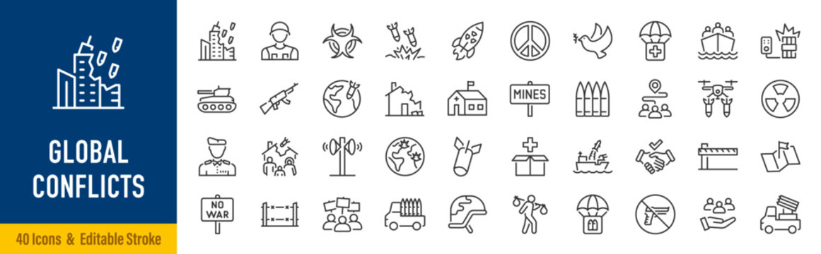 Global Conflicts web icons in line style. War, nation, war, country, conflict, military, soldier, tank, bomb, crisis, immigration, migrant, help, collection. Editable stroke. Vector illustration.
