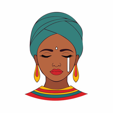 Woman Crying with Teal Turban and Traditional Jewelry