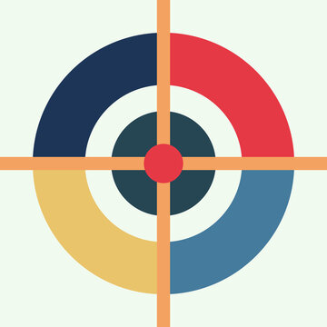 Abstract geometric constructivist target graphic with multicolored pie chart segments and central orange crosshair focus
