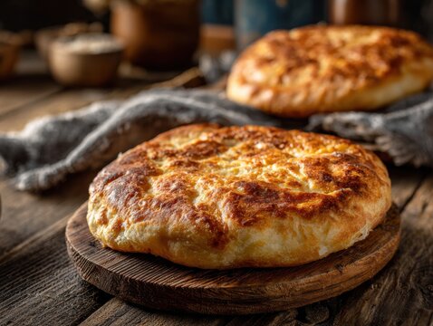 Traditional Kazakh Taba Nan Bread on Rustic Wooden Table, Golden Homemade Flatbread
