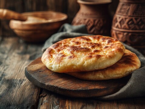 Kazakh Taba Nan Flatbreads on Wooden Board with Rustic Pottery, Traditional Central Asian Bread