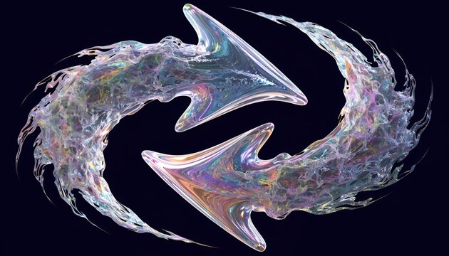 Abstract fractal arrows, cycle, recycling, flow, iridescent, dark background