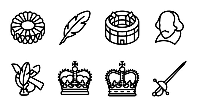 Shakespearean Icons Set, Royal Symbols, Stratford-upon-Avon Landmarks, Quill Pen Vector Graphics