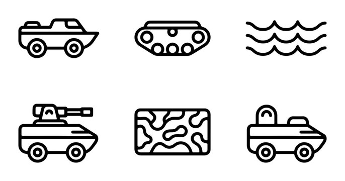 Military Vehicles Icons Set, Army Transportation Vector Graphics, War Machine Symbols, Navy Boats, Tank, Camouflage Pattern