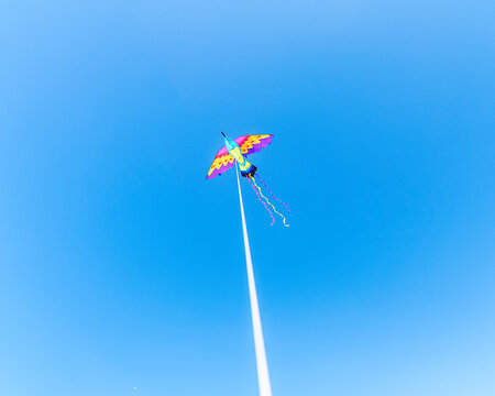 May 13, 2026, Lompoc, CA, USA: A POV of a kite flying against a blue sky on Jalama Beach in Lompoc, CA.