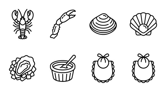 Seafood Icons: Lobster, Claws, Oysters, Shellfish, Bibs, Sauce, Vector Set