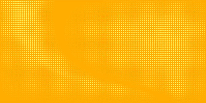 Yellow halftone pattern. Retro comic gradient background. Bright orange pixelated dotted texture overlay. Cartoon pop art faded gradient pattern. Vector backdrop for poster, banner, advertisement