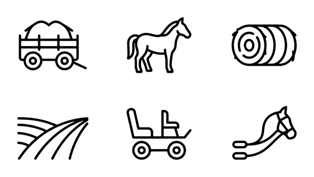 Farm Horse Icons, Rural Carriage Vector Set, Agricultural Field Graphics, Hay Bale Graphics
