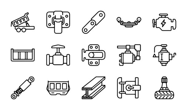 Automotive Parts Icons Set: Engine, Suspension, Trailer Hitch, Valve, I-Beam