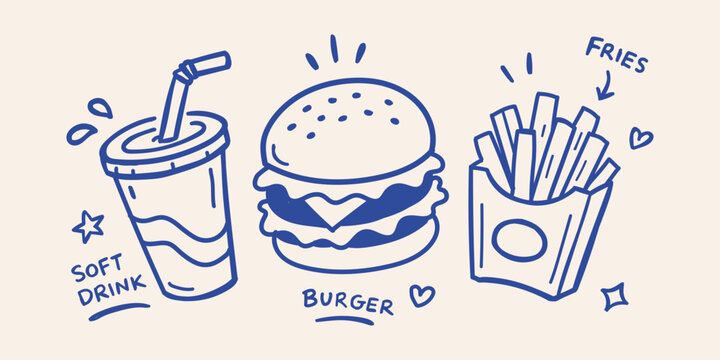 Fast Food Doodle Sketch Vector Set &ndash; Hand Drawn Burger, French Fries and Soft Drink Cartoon Illustration Collection, Trendy Navy Blue Fast-foo Icons, Snack Meal Takeaway Menu Design for Cafe, Restart