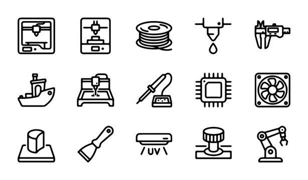 15 3D Printing Icons, Additive Manufacturing Icons, Technology Icons, Vector Set