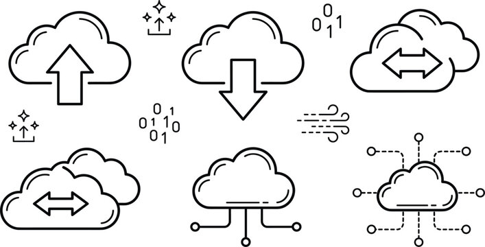 Cloud computing data storage network icon set line art doodle vector illustration with upload download server synchronization transfer