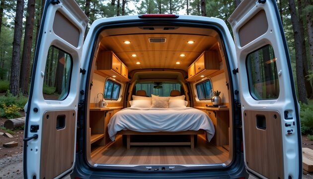 adventure camper interior parked beside a forest, large rear doors open, cozy bed facing nature, wooden cabinetry, warm lighting, realistic travel lifestyle photography, peaceful atmosphere