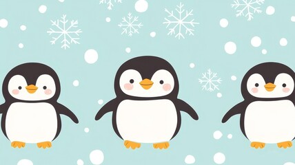 Obraz premium Three cute cartoon penguins standing together with falling snowflakes winter holiday season festive illustration.