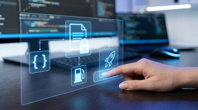 Abstract representation of a person interacting with a digital interface showing coding, security, and launch icons on a blurred background computer setup