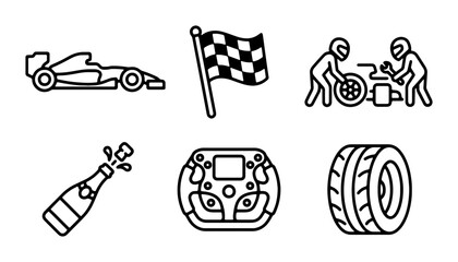 Obraz premium Formula 1 Racing Icons: Car, Pit Stop, Flag, Champagne, Wheel, Steering Wheel Set