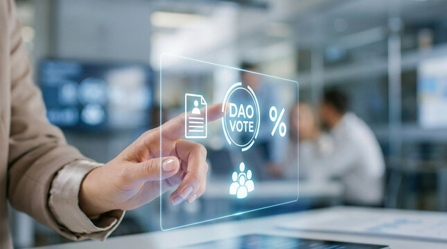 Decentralized Autonomous Organization (DAO) voting and community management interface, showcasing digital governance and participation concepts in technology