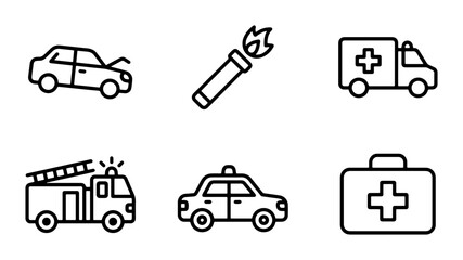 Emergency Services Icons: Ambulance, Fire Truck, Police Car, First Aid Kit, Car Crash © Yasin