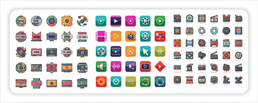 Creative Video Editing Icons Collection Set with Media Player, Film Reel, Outro and Intro Elements