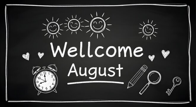 Chalkboard with wellcome august text and school themed doodles
