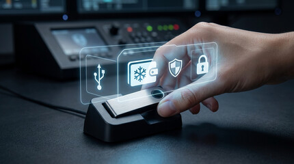 Naklejka premium Secure digital data storage and transfer concept with hand holding a USB drive displaying security icons on a holographic interface