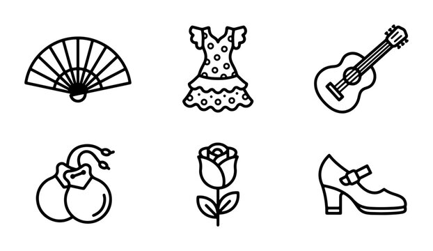 Flamenco Icons Set, Spanish Dancer Elements, Guitar, Rose, Fan, Shoes, Castanets Vector