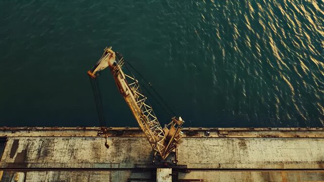 Industrial port crane stands idle on a concrete pier next to calm sea water during golden hour, representing global logistics, international shipping, and maritime transport infrastructure