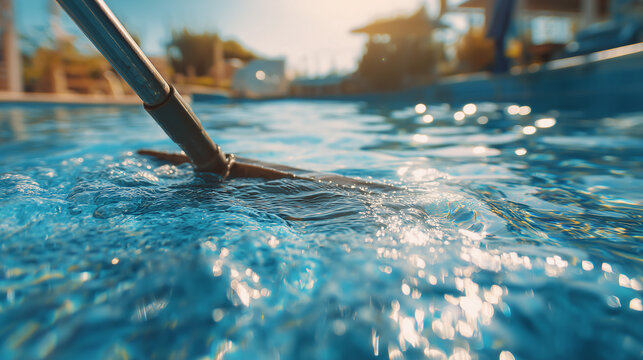 Pool maintenance vacuum cleaning underwater in clear blue swimming pool at sunset. Professional pool service and water sanitation concept.