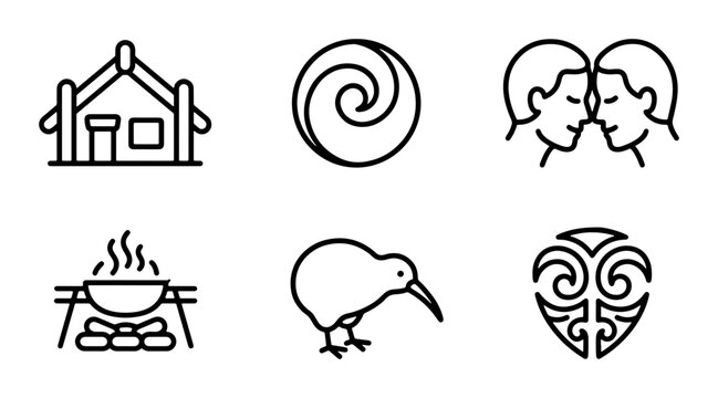 Maori Culture Icons: Marae, Koru, Whanau, Hangi, Kiwi Bird, Ta Moko Vector Set