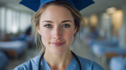 Fototapeta premium Portrait of smiling young female medical graduate in scrubs and graduation cap at hospital. Healthcare education and nursing career concept.