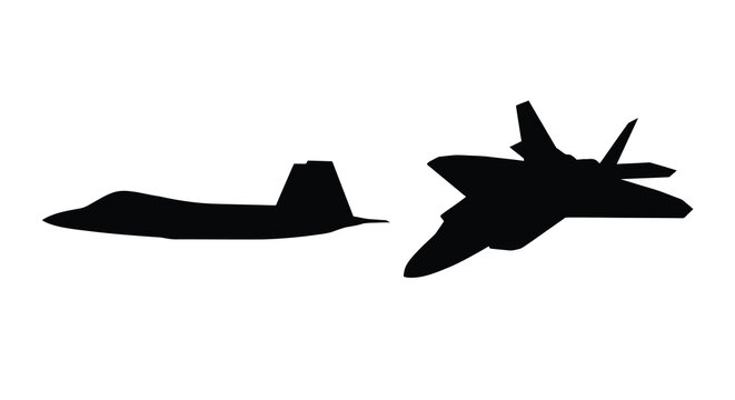 Two fighter jet silhouettes against a white background a stark black silhouette military aircraft warplane combat
