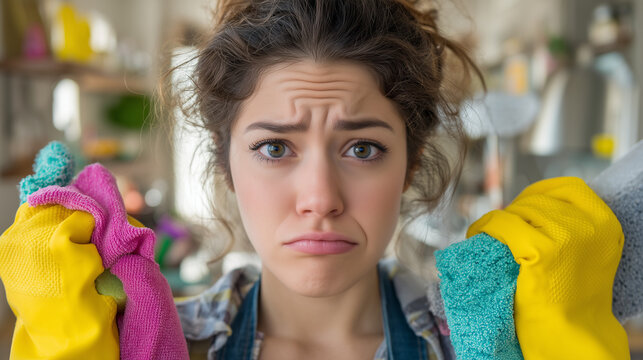 Young woman overwhelmed by household cleaning holding colorful microfiber cloths and sponges. Domestic stress and cleaning routine concept.