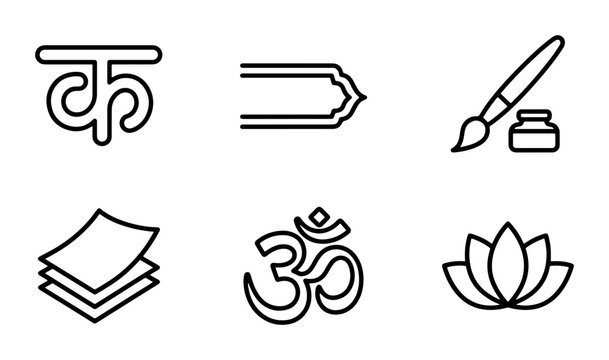 Indian Devanagari Script Icon, Om Symbol, Lotus Flower, Brush Ink Art Icons