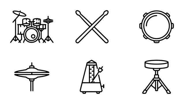 Drum Kit Icons, Percussion Set, Music Elements, Rhythm Tools, Vector Graphics