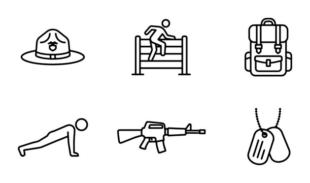 Military Training Icons: Drill Sergeant Hat, Obstacle Course, Backpack, Push-up, Rifle, Dog Tags