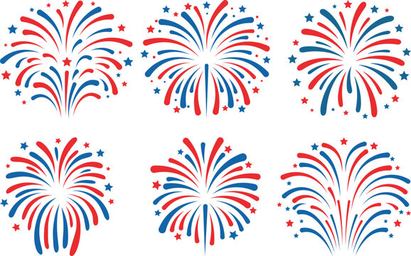 Patriotic fireworks vector set for 4th of july celebrations with red white and blue explosions