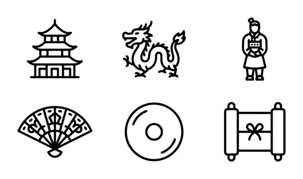 Chinese Culture Icons: Dragon, Pagoda, Warrior, Fan, Scroll, CD Vector Set