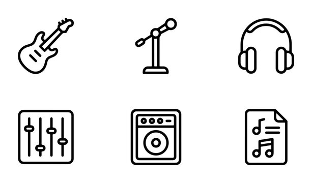 Music Icons Set: Electric Guitar, Microphone, Headphones, Mixer, Amp, Sheet Music