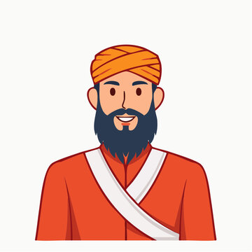 Cartoon illustration of a Sikh man with a beard and turban